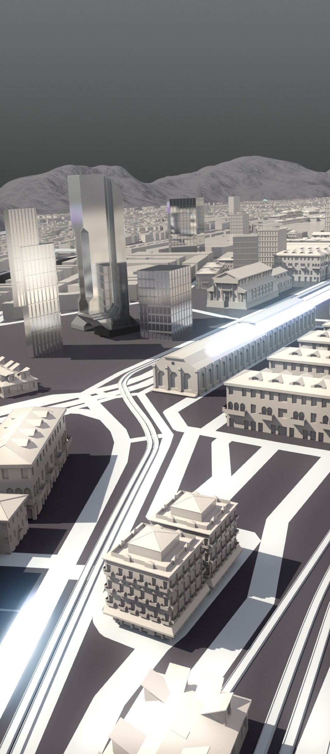 Monochrome 3D motion still — street-level view of a future city for the Future of Mobility module